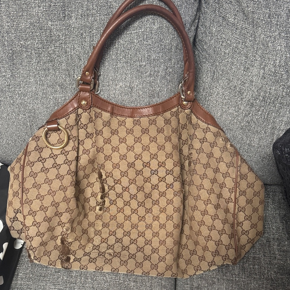 Gucci Tan and Brown Monogram Shoulder Bag